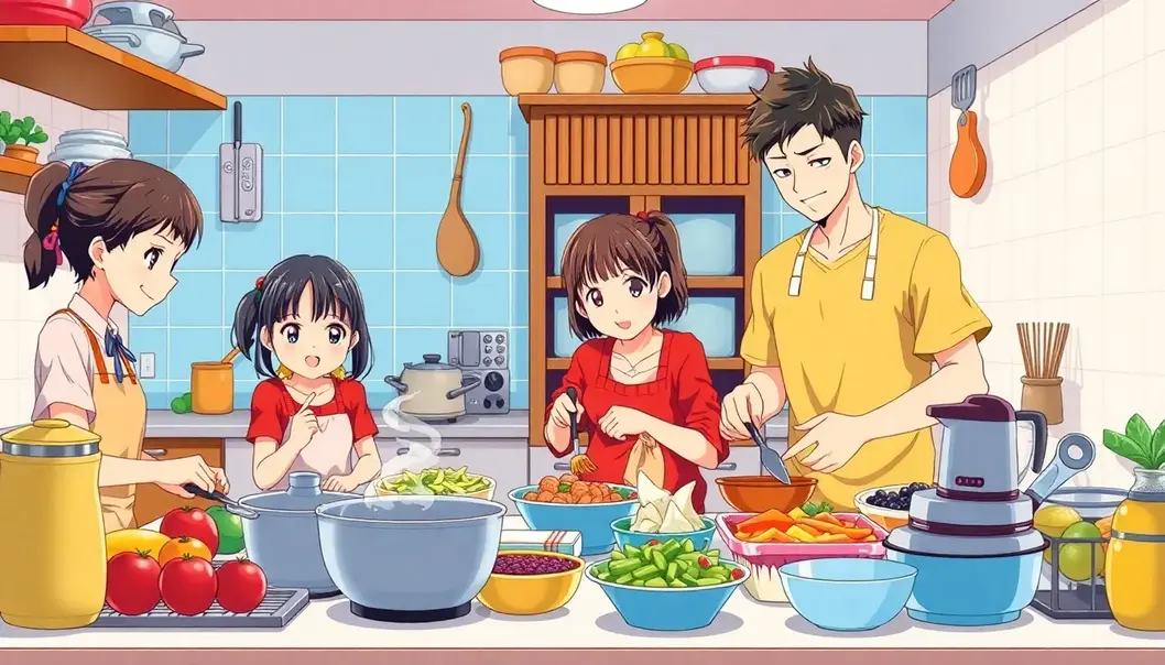 A family on a themed grocery quest, choosing ingredients for an anime-inspired feast.