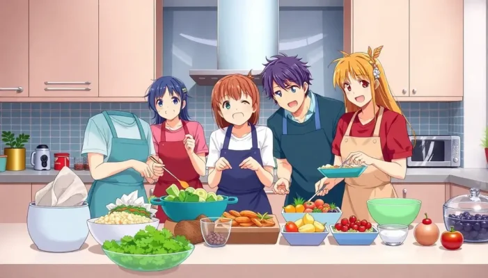 Anime-dressed family energetically preparing food in a modern kitchen.