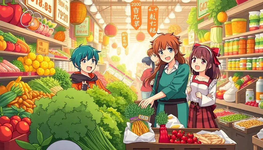 A family on a themed grocery quest, choosing ingredients for an anime-inspired feast.
