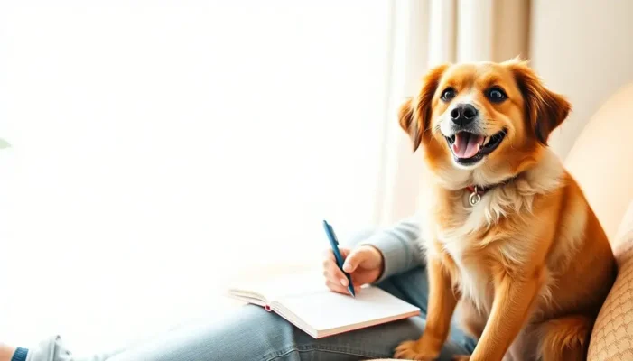 Pet owner writing in a bullet journal, accompanied by a happy dog.
