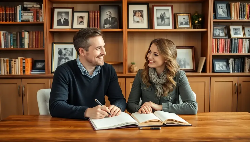 Newlyweds brainstorming their novel, inspired by shared memories.