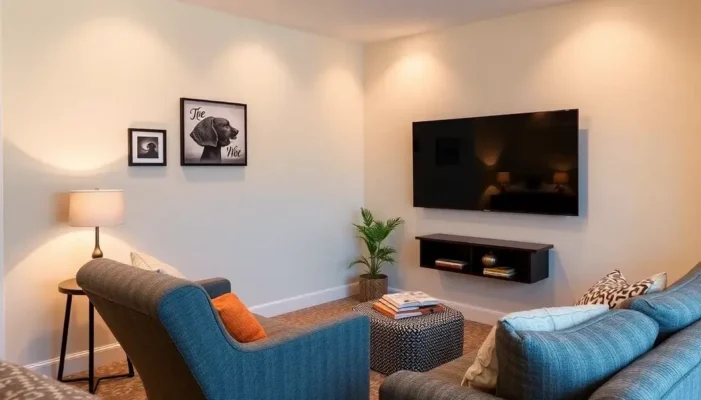 A cozy, inviting movie corner with smart design in a small space.