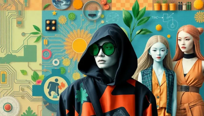 A colorful collage showing tech elements and sustainable fashion symbols intertwined.