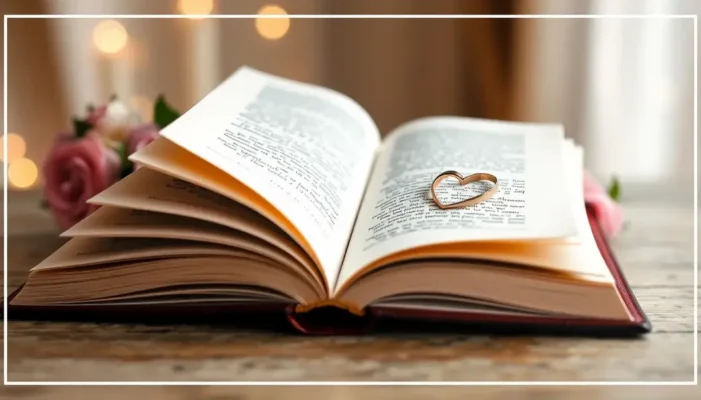 An open book with a heart-shaped ring placeholder, symbolizing romance and writing together.