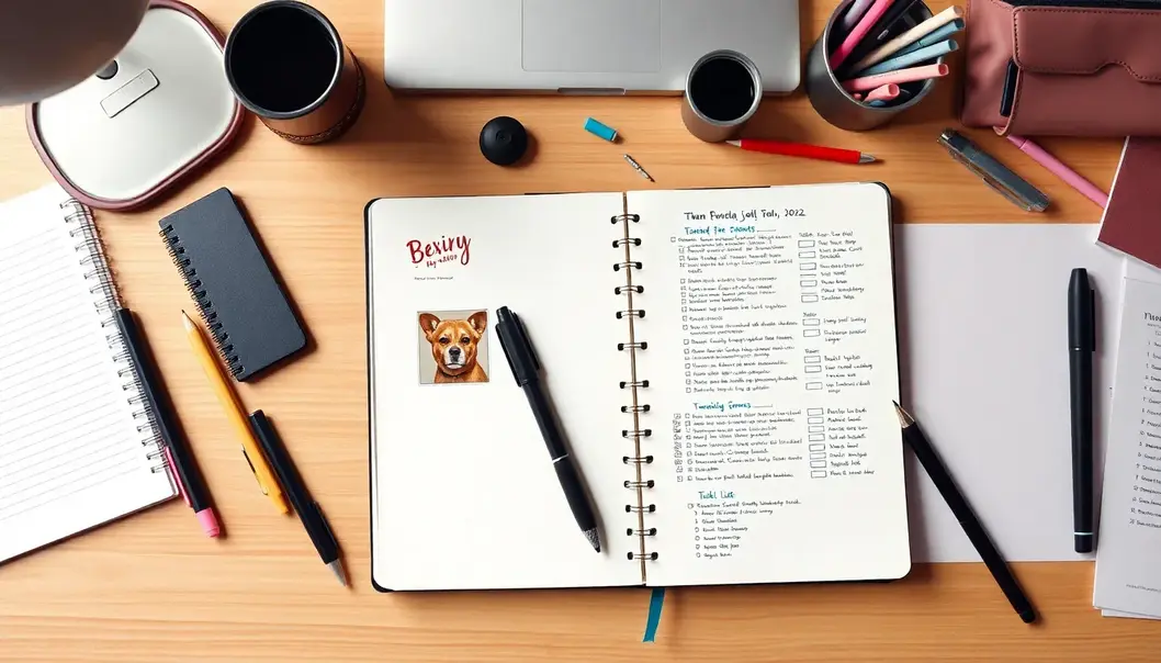 An open bullet journal with creative layouts for pet care tracking.