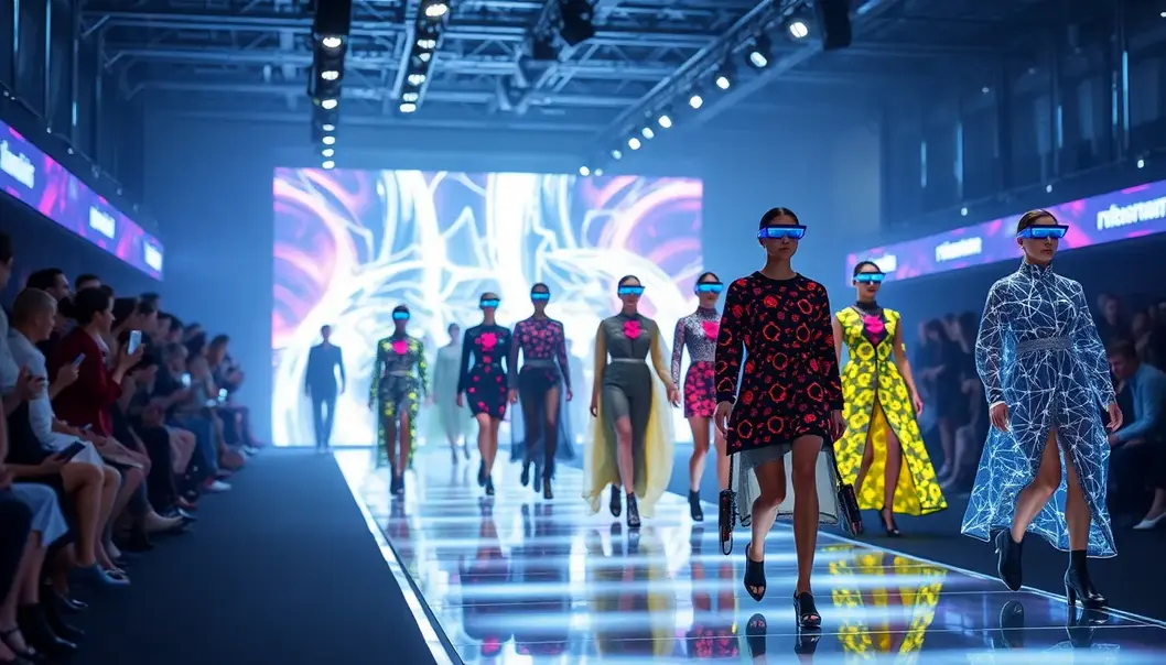Models showcase tech-savvy fashion on a futuristic runway.