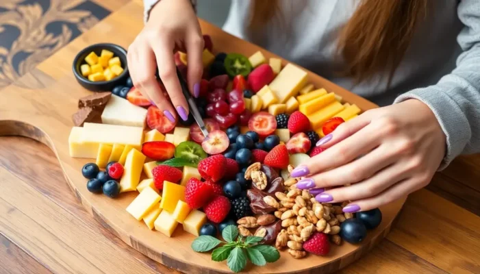 Teen arranging an artistic charcuterie board with fruits and cheeses.